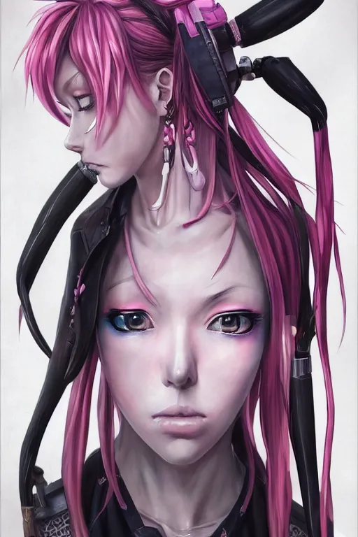 Image similar to portrait of an anime manga girl with pink and white dreads, straight on portrait, by artgerm, james jean, tom bagshaw, gerald brom, vaporwave colors, lofi colors, vaporwave, lofi, goth vibe, 4 k, smooth, hd, substance designer render, full body character concept art, symmetrical, perfect face, detailed face,