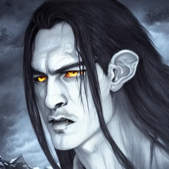 Prompt: long black hair handsome vampire lord, snowy mountains, illustration, concept art, chiaroscuro, field of depth, fantasy, grim, dark