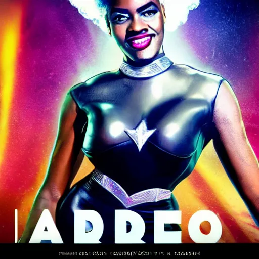 Image similar to a 1950s black superhero queen with an afro wearing thigh high white heels leaps into the time pool on the poster art for this new super hero movie, digital art, concept, high detail 4k