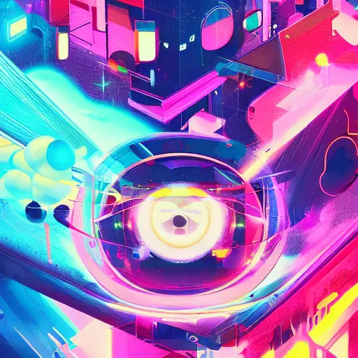 Prompt: neon symetric shapes album cover, cartoon digital painting, detailed, beautiful brush stroke rendering, by beeple, by hayao miyazaki, by takashi murakami, by masahiro ito, 4 k wallpaper