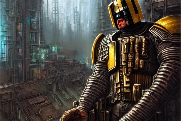 Prompt: portrait of judge dredd. cyberpunk artwork, dilapidated cityscape. dirty, grime. 4 k digital art, 8 0's style. tomasz alen kopera, peter mohrbacher, donato giancola, boris vallejo, drew struzan realistic detailed oil painting, urban horror, frank frazetta