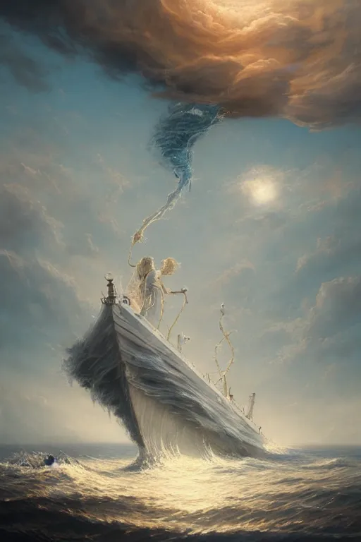 Image similar to breathtaking detailed soft painting of a drunken ship with mystical horrors and sun lichen, bathing in dreaming lactescent sea, alcohol with blue delirium skies, elegant, highly detailed, artstation, concept art, matte, sharp focus, art by tom bagshaw, and greg rutkowski