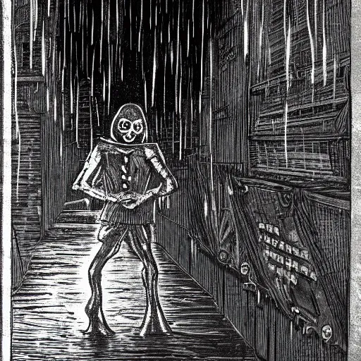 Image similar to down in the sewers of london, dark damp atmosphere, water dripping from the moss covered ceiling, a sinister dark figure is standing at the end of the sewer,