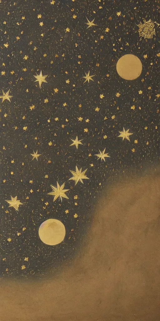 Prompt: oriental painting of the stars, the moon is far above, detailed, refined, high quality, parchment, blackened space, lots of stars