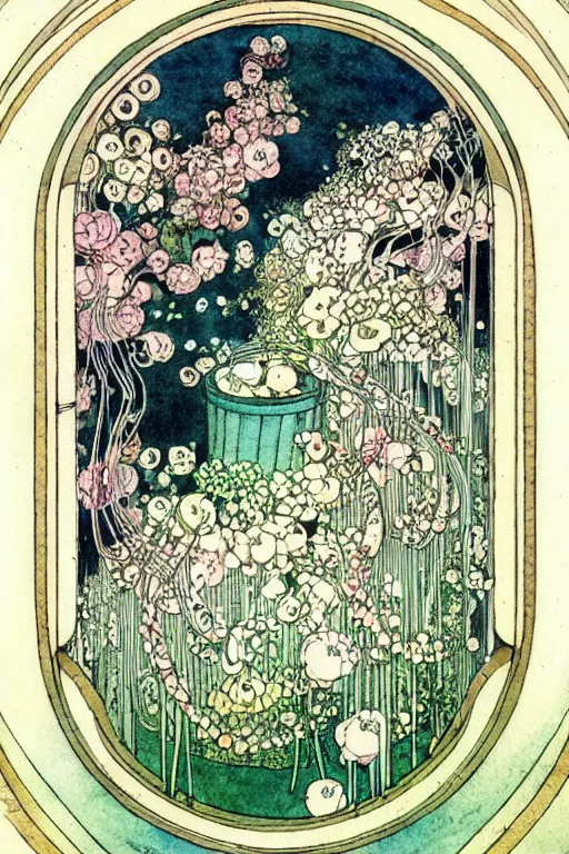 Image similar to a wooden barrel in the center of a floral frame, art by kay nielsen and walter crane, illustration style, watercolor