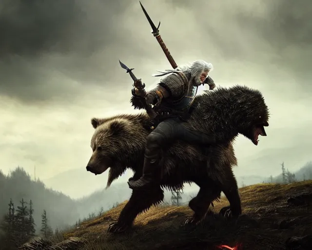 Prompt: 5 5 mm portrait photo of geralt fighting a demonic bear. magical atmosphere. art by greg rutkowski. highly detailed 8 k. intricate. lifelike. soft light. nikon d 8 5 0.