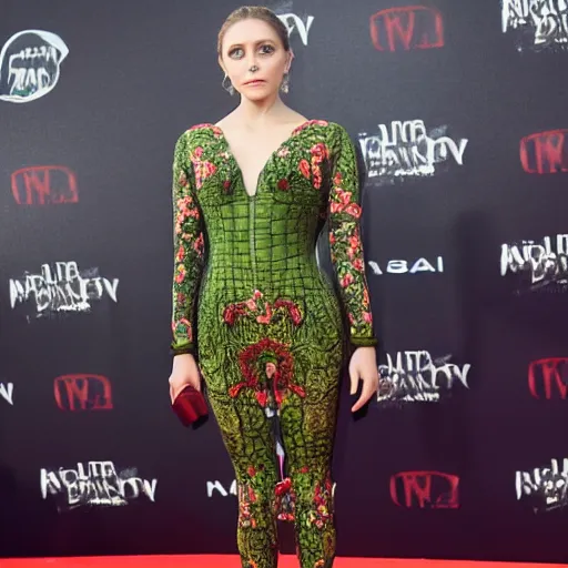 Image similar to elizabeth olsen walking on the red carpet, wearing an avocado stylized body suit, trending on unsplash, 4 k quality, intricate