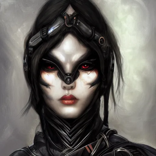 Image similar to portrait of a female dark elf by ayami kojima, she is about 2 0 years old, american, black hair, introvert, she is wearing a modern witch tactical gear, scifi, highly detailed portrait, digital painting, artstation, concept art, smooth, sharp foccus ilustration, artstation hq