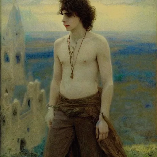 Prompt: translucent slender pale young ghost, haunted castle, timothee chalamet, by gaston bussiere, by dean cornwell