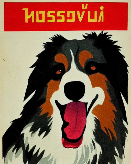 Prompt: soviet propaganda poster of an australian shepherd, soviet art
