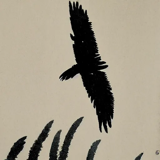 Prompt: sumi-e japanese ink painting of a single hawk circling above a combine in a saskatchewan field