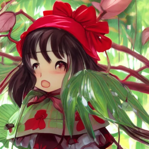 Prompt: a imaginefx of reimu in the jungle wearing bonnet