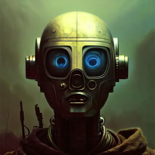 Image similar to a expressive portrait of masked diesel punk robot in dramatic lighting, depth of field background, artstation, award - winning realistic sci - fi concept art by jim burns and greg rutkowski, beksinski, a realism masterpiece, expressive color palette, james gilleard, bruegel, alphonse mucha, and yoshitaka amano