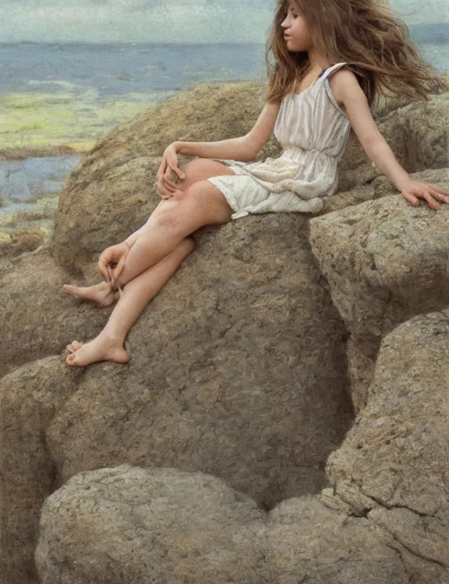 Image similar to peasant barefoot girl with blowing hair sitting on the edge of rock, cottage core, cinematic focus, polaroid photo bleached vintage pastel colors high - key lighting, soft lights, foggy, by steve hanks, by lisa yuskavage, by serov valentin, by tarkovsky, 8 k render, detailed, oil on canvas