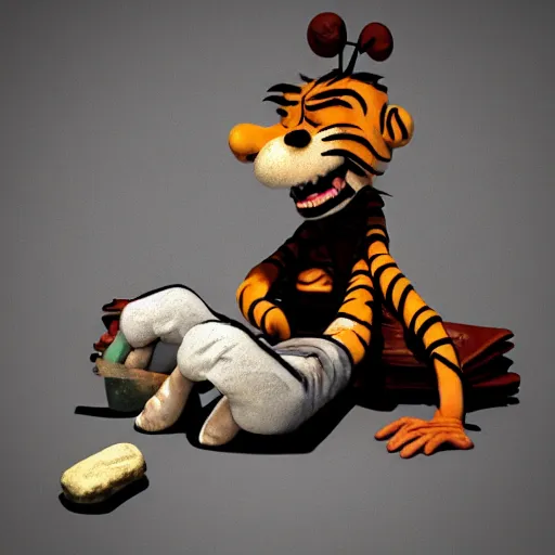 Prompt: Calvin and Hobbes as depressed, sick and dirty homeless adults on crack rock drugs, octane render, sculpture, concept art