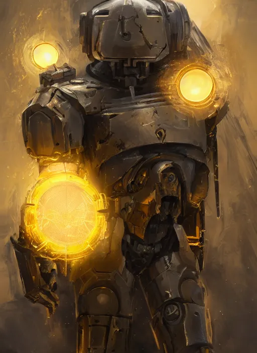 Image similar to full body, dynamic attack position abstract portrait of a intricate glorious holy mechanical warforged character in yellow armor holding a paladin engraved great longsword drawn and carrying a big paladin shield, glowing eye, face in focus, pit droid, epic , trending on ArtStation, masterpiece, cinematic lighting, by Ross Tran and by Greg Rutkowski