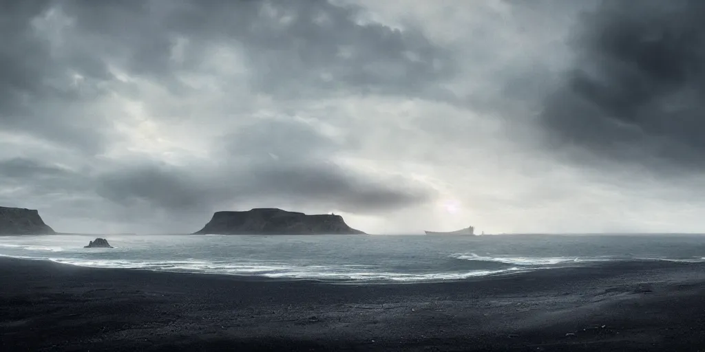 Prompt: icelandic coast. black sand. dramatic sky. cinematic. intricate. mist. low angle wide shot. highly detailed. concept art. matte painting in the style of greg rutkowski.