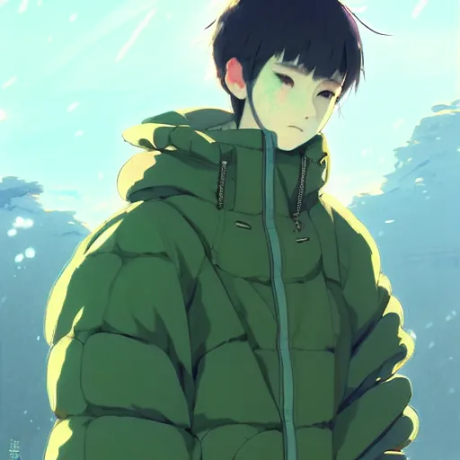 Prompt: concept art of a big puffer jacket with caterpillar patterns, green japanese street fashion, gapmoe yandere grimdark, trending on pixiv fanbox, painted by greg rutkowski makoto shinkai takashi takeuchi studio ghibli, akihiko yoshida