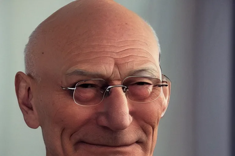 Image similar to photo of a person who looks like a mixture between patrick stewart and brent spiner