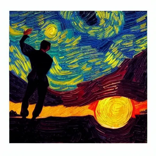 Image similar to dancer silhouette in front of sunset clouds van gogh oil painting