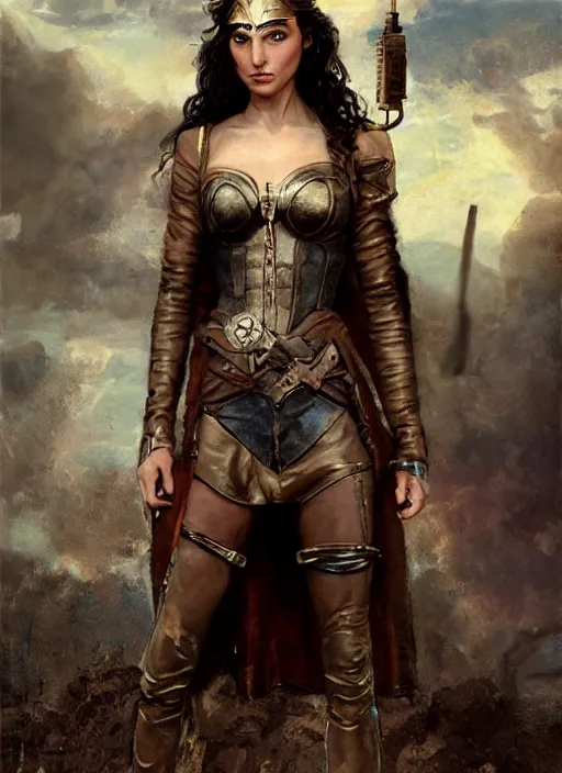 Image similar to highly detailed steampunk gal gadot standing, steel age : leonardo da vinci, greg rutkowski, magali villeneuve