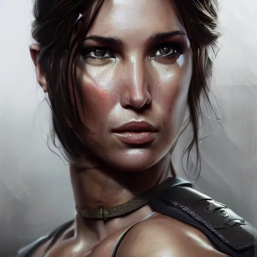 Image similar to portrait of lara croft as a female bodybuilder police officer, fantasy, intricate, elegant, highly detailed, digital painting, artstation, concept art, matte, sharp focus, illustration, art by aenaluck and roberto ferri and greg rutkowski, epic fantasy, digital painting