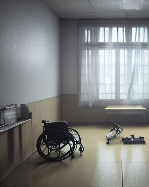Prompt: artstation scifi scene of a shabby chinese hospital ward, big fan ， dust ， a bunch of light on a business card, bed, wheelchair, window, bedside table, paneled walls, unreal engine 5, hyper realism, realistic shading, cinematic composition, blender render, octane render, hdr, detailed textures, photorealistic, wide shot