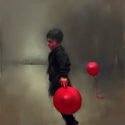 Prompt: lonely kid with a red balloon, gloomy, painting by jeremy mann