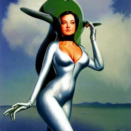 Image similar to beautiful Whitley Streiber Roswell grey alien extraterrestrial species female babe in a tight fitting silver metallic bikini spacesuit, , big silver head, green skinned, big black almond shaped alien eyes by Mort Kunstler and Gil Elvgren