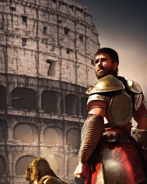 Prompt: Movie poster of a Roman gladiator, out of focus colosseum in background with spectators, in the style of Greg Rutkowski and Ace Powell and Jean Giraud, extremely moody lighting, glowing light and shadow, atmospheric, shadowy, cinematic