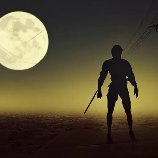 Image similar to silhouette of a ninja in squatting position, on top of a telephone pole, night time, huge full moon in background, art by Greg Rutkowski, cinematic lighting, sharp focus, octane render.