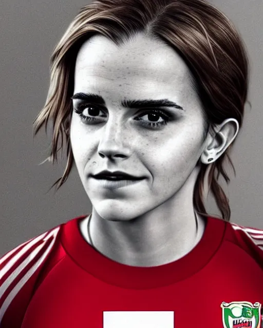 Image similar to a portrait of emma watson wearing lokomotiv football shirt, hyper realistic