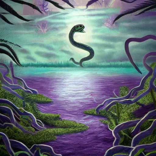 Image similar to a purple head of a serpent with big white eyes, sticking above the water in the mangroves, marshes, trending on artstation, 4 k, video game art, oil painting