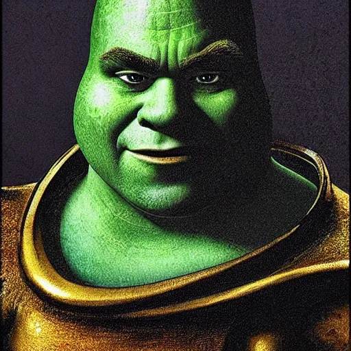 Image similar to shrek from shrek as a glorious devout shining powerful epic amazing awesome very handsome attractive muscular stylish knight in shining golden armor with long lush golden hair a strong jaw and attractive green eyes, fantasy art, hyper detailed, extremely complex, hyper realistic, similar to the mona lisa, art by leonardo devinci