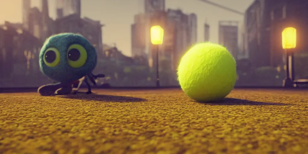 Image similar to a photo of 8 k ultra realistic tennis ball monster, tennis ball monsters, exotic, cinematic lighting, trending on artstation, 4 k, hyperrealistic, focused, high details, unreal engine 5, cinematic, ancient atmosphere in background, 3 d render by basil gogos and beeple