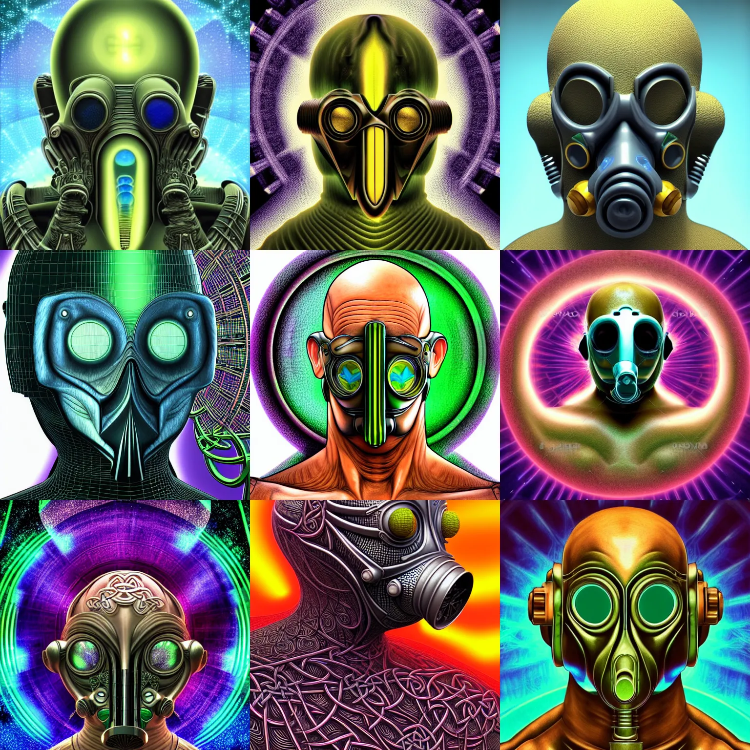 Prompt: a detailed 3 d render of a fashionable vin diesel extraterrestrial wearing a cybernetic majick celtic gas mask background is a tropical island in the style of william blake and alex grey and escher in the style of dark fantasy, fantasy art deco, magic realism, award winning art, muted colors,