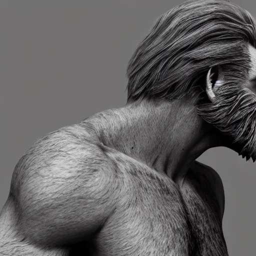 Prompt: man transforming into a werewolf with grey realistic fur, high detail, hyper realism, octane render, 8 k