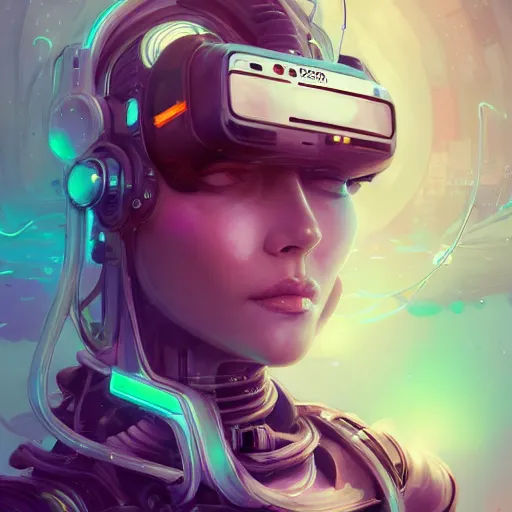 Image similar to portrait of a beautiful cybernetic raver girl wearing a vr headset, cyberpunk concept art by pete mohrbacher and artgerm and wlop and deathburger, digital art, highly detailed, intricate, fantasy, mystical, sharp focus, Trending on Artstation HQ, deviantart, unreal engine 5, 4K UHD image