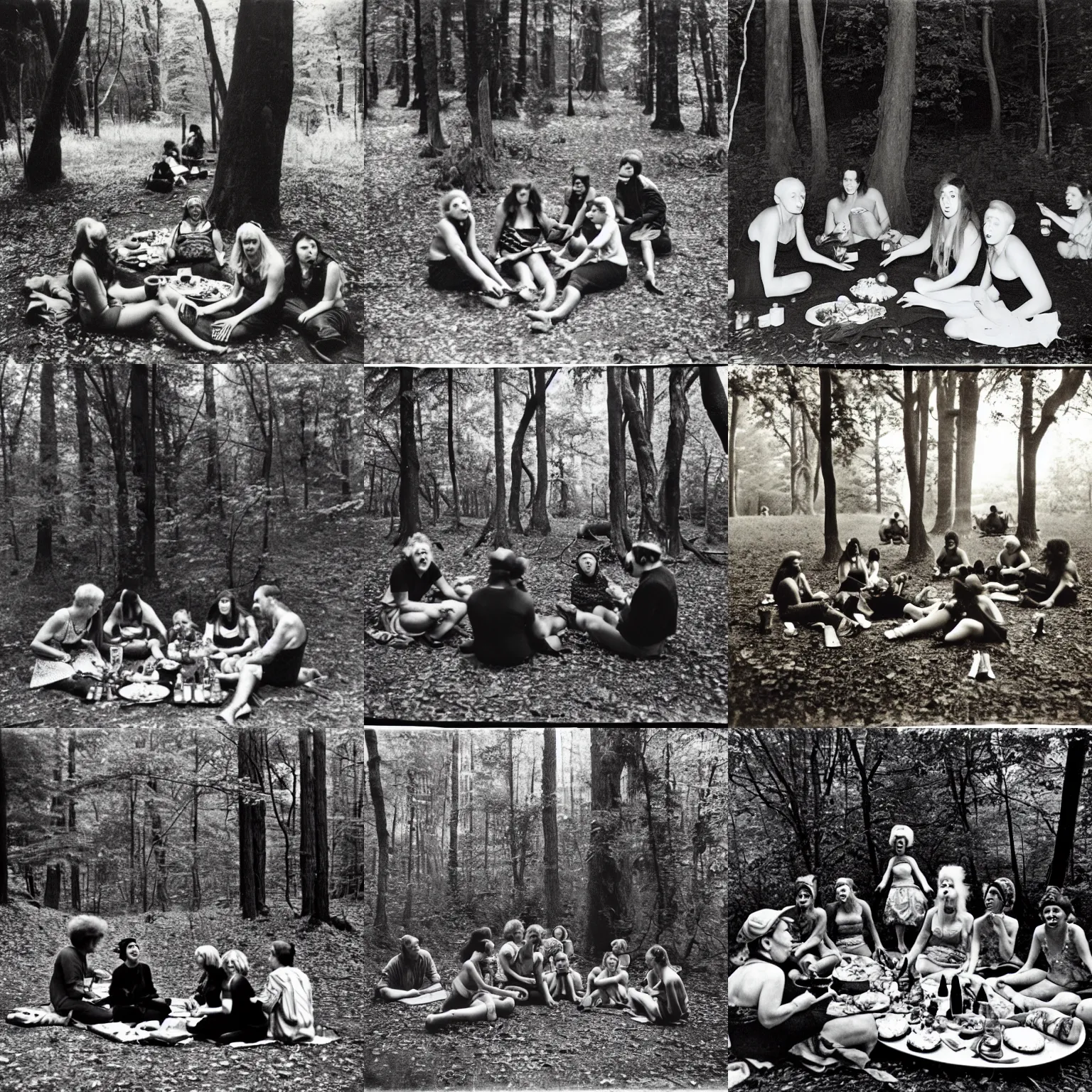 Prompt: group of trolls having picnic in dark forest photo by diane arbus