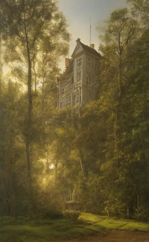 Image similar to portrait of a large victorian manor house in a pine forest, well lit, detailed, cinematic lighting, oil painting