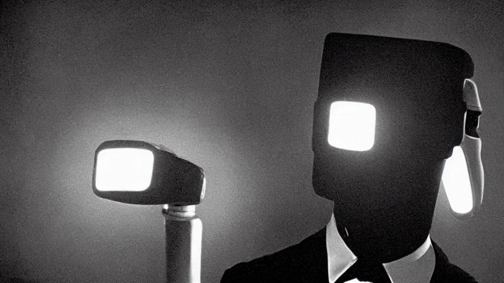 Prompt: The man with robot head, movie still, cinematic composition, cinematic light, by David Lynch