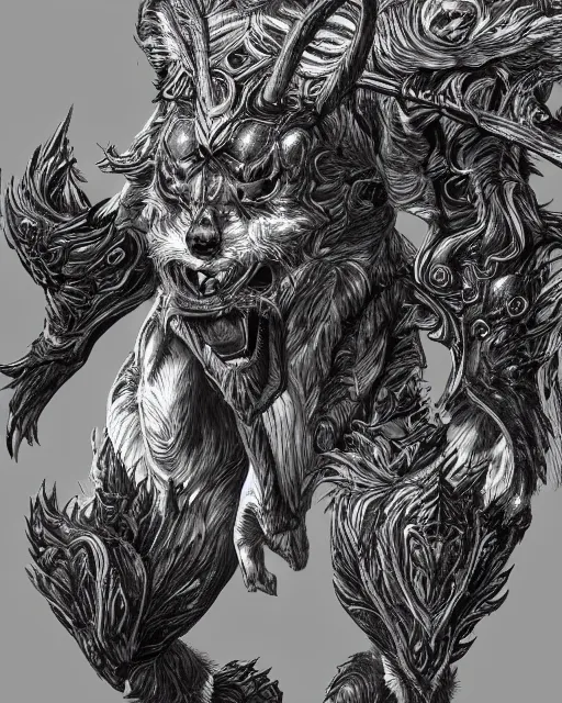 Image similar to A minotaur wolf, full body, black and white, highly detailed, close-up, fantasy art, monster art, in the style of masami kurumada, illustration, epic, fantasy, intricate, hyper detailed, artstation, concept art, smooth, sharp focus, ray tracing