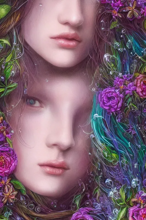 Image similar to elaborately detailed close up realistic portrait of an extremely beautiful girl with very long dark hair surrounded by flowers, an eerie mist and many ethereal rainbow bubbles, Art Noveau, Aetherpunk, atmospheric lightning, dreamscape maximized, iridiscent geometry, high fantasy professionally painted digital art painting, fantasy matte painting movie poster, smooth, sharp focus, highly detailed illustration highlights, backlight, golden ratio, 8K detail post-processing, symmetrical facial features, rich deep moody colors, dark epic fantasy, award winning picture, featured on DeviantArt, trending on cgsociety