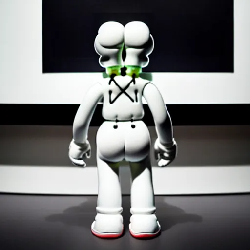 Image similar to an all white art vinyl figure with a microwave oven for a head, in the style of kaws, kidrobot, sket - one x iamretro, kenny wong x pop mart, space molly, frank kozik, guggimon, studio lighting, subsurface diffusion, 8 k - h 7 6 8