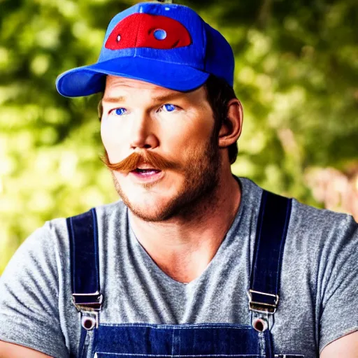 Prompt: Chris Pratt wearing a big mustache blue overalls and a red hat with the letter 'm' on it, photo, 4k, wide angle