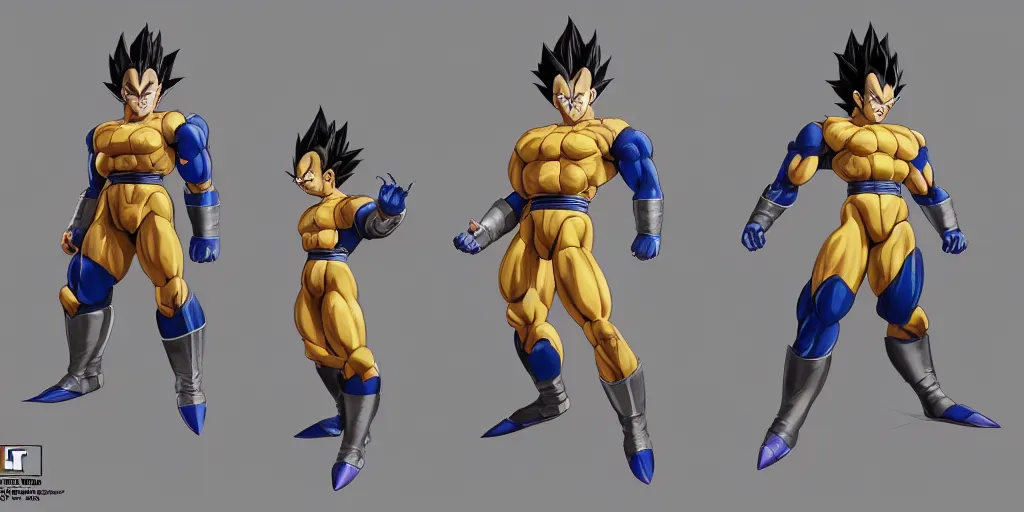 Image similar to realistic vegeta, 3 d model, character sheet, concept design, contrast, kim jung gi, greg rutkowski, zabrocki, karlkka, jayison devadas, trending on artstation, 8 k, ultra wide angle, pincushion lens effect