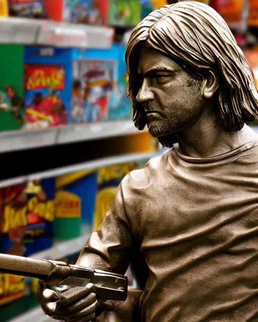 Prompt: photograph of bronze statue of kurt cobain holding a shotgun in a toys r us, photo - realism, 8 k, cinematic,