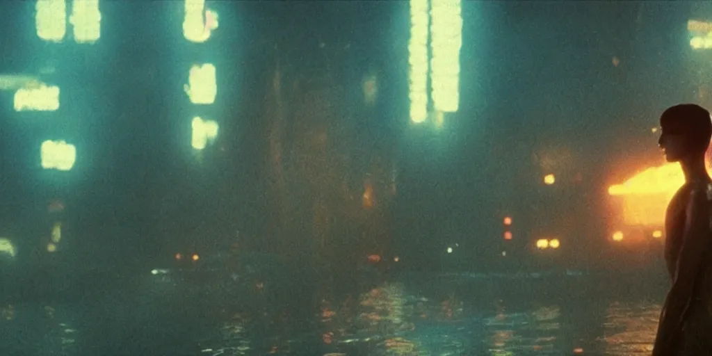 Prompt: a film still from blade runner starring Ariel the little mermaid