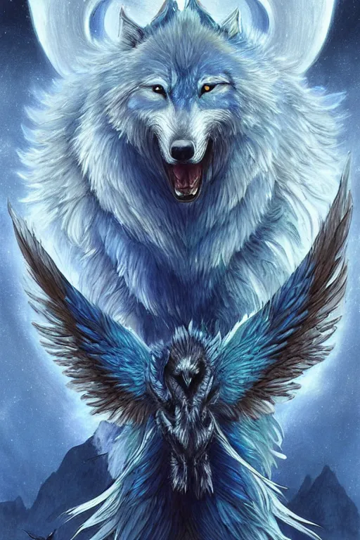 Prompt: blue feathered wolf with wings on a beautiful fantasy landscape, facing front, hills, mountains, moonlit, hd, illustration, epic, d & d, fantasy, intricate, elegant, highly detailed, digital painting, artstation, concept art, smooth, sharp focus, illustration, wallpaper, art by artgerm and greg rutkowski and alphonse mucha and jin xiaodi