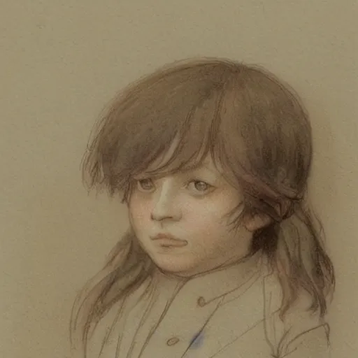 Image similar to portrait of a child standing and facing front looking strait ahead with a clear detailed face a muted color watercolor sketch of story book character ifrom the book Baltimore & Redingote by Jean-Baptiste Monge of an old man in the style of by Jean-Baptiste Monge that looks like its by Jean-Baptiste Monge and refencing Jean-Baptiste Monge